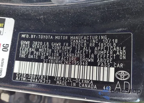 2019 Toyota Corolla Le из США, поврежденный, VIN 2T1BURHE2KC195948